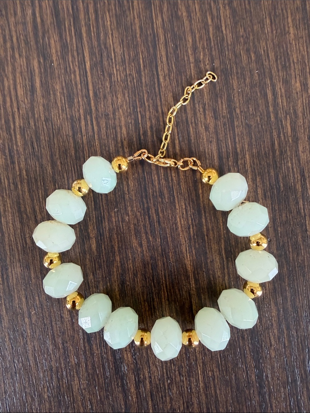 HAND CRAFTED PALE GREEN OPALITE BEADED BRACELET Gold Accent Beads & Extension